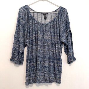 CHELSEA & THEODORE Plus Size Blue Cream Aztec Tribal 3/4 Sleeve Peasant Blouse